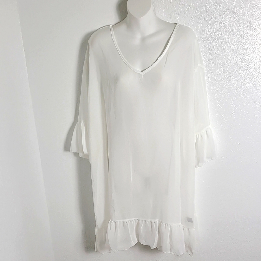Shein White SHEER Cover-up, Ruffle Hem, Bell Sleeves, Tie Loophole on Back, OSFM